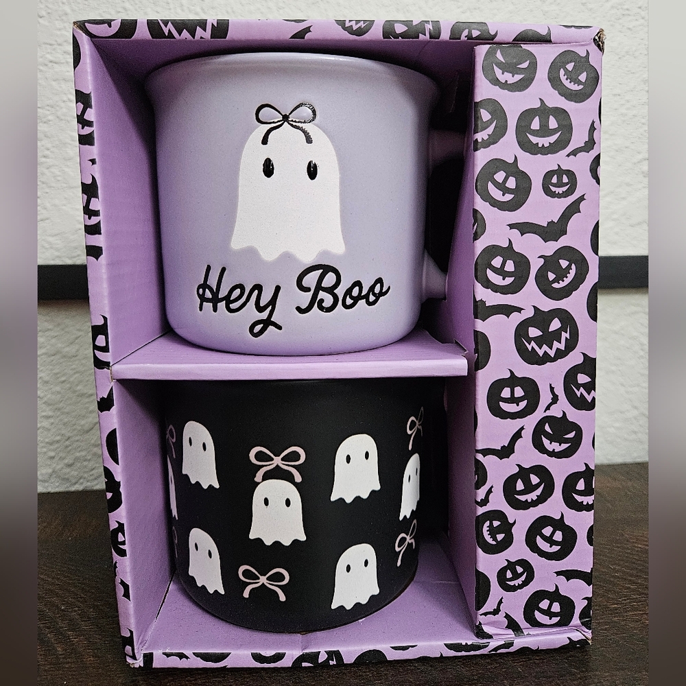 Purple & Black Halloween Ghost Mug Set Of 2 In Box